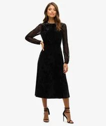 Superdry Damen Midikleid aus Samt mit Spitzenärmeln Schwarz - Größe: 44
