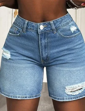 Shorts vaqueros de talle alto para mujer, lavado vintage, corte holgado, estilo retro casual, moda de verano L - Shein - FashionsVida