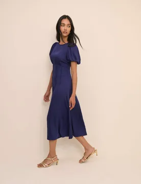 Round Neck Puff Sleeve Midi Waisted Dress Blue female - Nobody's Child - FashionsVida