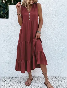 Vestido de túnica con detalle de botones y bajo con volantes, vestido largo ideal para vacaciones en la playa para mujeres XXL - Shein - FashionsVida