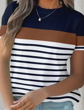 Camiseta de mujer azul marino y blanco con bloques de color, cuello redondo, manga corta holgada, top casual de verano estilo costero tropical para va - Shein - FashionsVida
