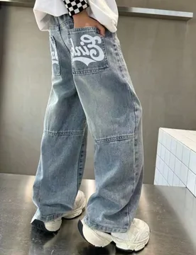 Vaqueros de mezclilla azul lavado claro con pierna recta y holgada, pantalones largos anchos con múltiples bolsillos y estampado, casuales y versáti - Shein - FashionsVida