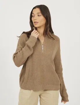 Womens Beige Half Zip Funnel Neck Fisherman Knit Jumper - Size X-Small - Brave soul - FashionsVida