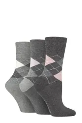 Women's 3 Pair Argyle Patterned Cotton Socks Argyle Charcoal / Grey 4-8 Ladies - Grey - Size: Small