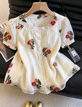Blusa de mujer de cuello redondo con bordado floral delicado y texturizado, nueva para el verano L - Shein - FashionsVida