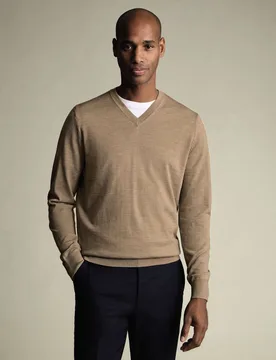 Pure Wool V-Neck Jumper Natural male - Charles Tyrwhitt - FashionsVida