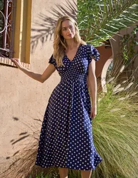 Polka Dot Elastic V Neck Midi Dress - M/L / NAVY - female