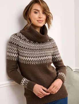 Women's Fair Isle Relaxed Roll Neck Jumper in Brown Size: 14 - Brown - Size: 14 - Cotton Traders - FashionsVida