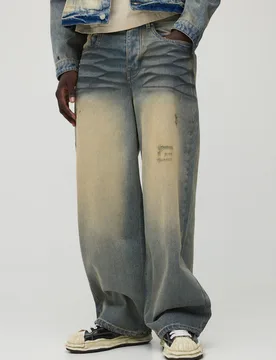 Mens Baggy Extreme Washed Bleached Jeans - Blue Cotton - Size 32r - boohooMAN - FashionsVida
