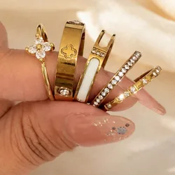 Juego de 5 anillos apilables de moda de alta gama para mujer, chapados en oro de 18K, acero inoxidable 304, a prueba de óxido, impermeables, hipoaler