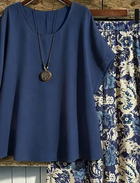 Conjunto de 2 piezas para mujer talla grande, blusa casual vintage bohemia con estampado floral, cuello redondo, manga murciélago corta y pantalones - Shein - FashionsVida