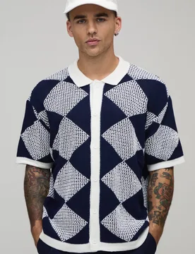 Herren Locker Geschnittenes Hemd Mit Offener Häkelstrick-Struktur Navy Größe Medium - boohooMAN - FashionsVida