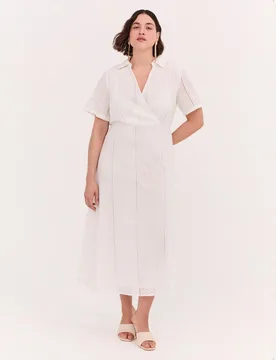 Vestido línea griega dream en sangallo cuello clásico mangas cortas y escote en v - Fiorella Rubino - FashionsVida