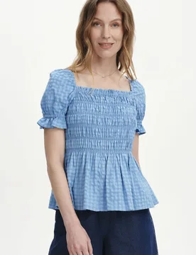 Women's Cynthia Shirred Gingham Seersucker Top in Baby Blue Size: 20 - Baby Blue - Size: 20 - Finery London - FashionsVida