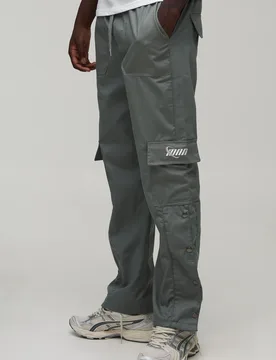 Mens Straight Leg Cargo Popper Hem Ripstop Branded Trouser - Grey Cotton - Size Medium - boohooMAN - FashionsVida
