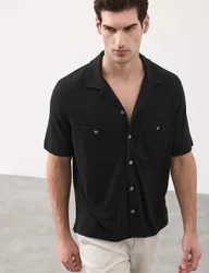 Relaxed Fit Modal Rich textured Button Through Polo Black male