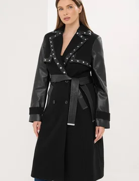 Women's Faux Leather Trim Coat in Black Size: 20 - Black - Size: 20 - Star by Julien Macdonald - FashionsVida