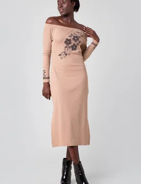 Women's Off Shoulder Embroidery Decor Midi Dress in Cream Size: 8 - Cream - Size: 8 - Enorsia - FashionsVida