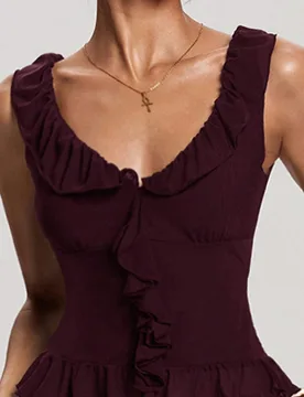 Top ajustado de color liso con ribete de volantes para mujer XS - Shein - FashionsVida