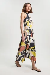 Womens Abstract Print Viscose Linen Woven Halter Neck Maxi Dress - Multicolour - Size 16 Uk