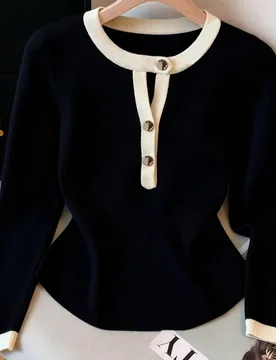 Camiseta de manga larga con bloques de color versátil y casual para el otoño S - Shein - FashionsVida