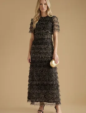 Womens Leopard Print Ruffle Mesh Maxi Dress - Size 16 Uk - OASIS - FashionsVida