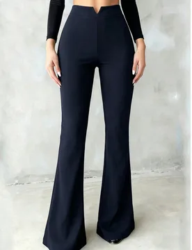 Pantalones acampanados de cintura alta con corte en V delantero, ajuste ceñido, elegantes, de color negro sólido, elásticos, para uso diario, ofici - Shein - FashionsVida