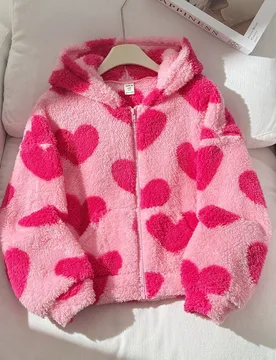 Chaqueta con capucha y cremallera de forro polar con estampado de corazón para niña preadolescente, sudadera con capucha de felpa suave y esponjosa - Shein - FashionsVida