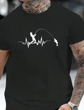Camiseta de manga corta de corte regular para hombre con impresión personalizada de ECG y pesca, ropa deportiva casual y elegante, adecuada como rega - Shein - FashionsVida