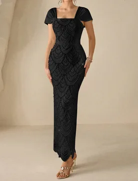 Vestido de noche formal de corte con escote cuadrado, espalda descubierta, mangas con hombros caídos, perlas florales solubles en agua, adecuado para - Shein - FashionsVida