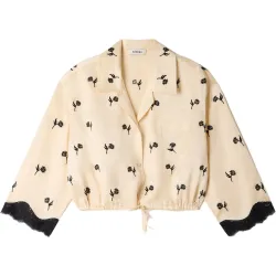 Camisa de mujer corta con bordado floral y cordón ajustable