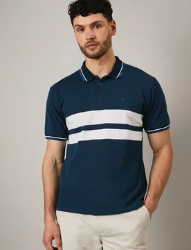 Mens Navy Carter Chest Stripe Polo Shirt Cotton - Size X-Large - Maine - FashionsVida