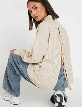 Women's Petite Stripe Tie Back Shirt in Brown Size: 8 - Brown - Size: 8 - PixieGirl - FashionsVida