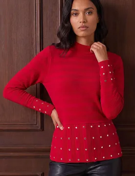Women's Studded Peplum Knit Top in Red Size: 14 - Red - Size: 14 - Roman - FashionsVida
