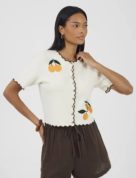 Women's Short Sleeve Cardigan Sweater With Orange Embroidery in Ivory Size: Medium - Ivory - Size: M - Brave soul - FashionsVida