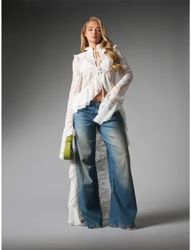 Blusa Maxi Duster de Encaje Floral con Cuello Alto, Nudo Delantero, Volantes, Manga Campana, Dobladillo Asimétrico y Capas, Top de Declaración para - Shein - FashionsVida