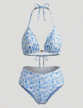 Conjunto de bikini de playa de vacaciones dulce con estampado de conchas para mujer de talla grande 3XL - Shein - FashionsVida