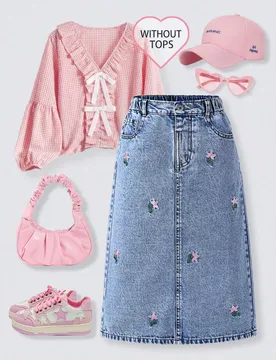 Falda midi de mezclilla de lavado medio para niñas preadolescentes con bordado de plantas y bolsillos, estilo casual diario para otoño 12Y - Shein - FashionsVida