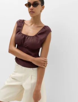 Pure Linen Square Neck Ruched Top Peat female - M&S - FashionsVida