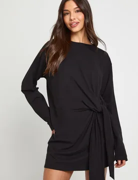 Womens Tie Knot Waist Long Sleeve Mini Dress - Black - Boohoo - FashionsVida