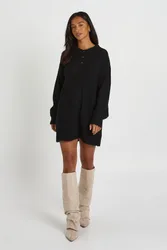 Womens Petite Collared Button Down Oversized Knitted Jumper Dress - Black