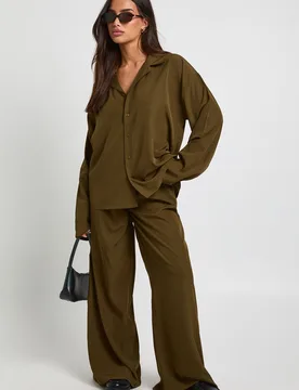 Womens Petite Oversized Shirt & Wide Leg Trouser Co-Ord - Green - Size 14 Uk - Boohoo - FashionsVida