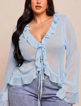 Blusa de gasa azul claro de manga larga con volantes y acampanado, elegante de color liso y transparente, para mujer de talla grande, ideal para vacac - Shein - FashionsVida