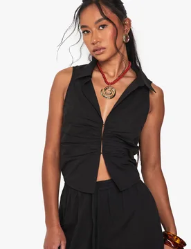 Womens Ruched Poplin Sleeveless Waistcoat - Black Cotton - Size 12 Uk - Boohoo - FashionsVida