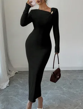 Vestido de punto midi casual con decoración de metal fruncido acanalado para mujer, adecuado para otoño/invierno y viajes S - Shein - FashionsVida
