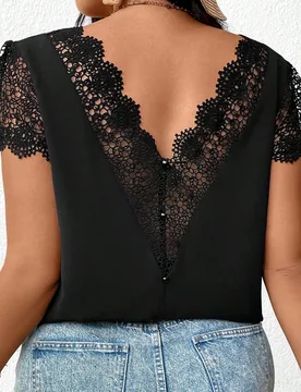 Blusa elegante de estilo bohemio con cuello en V para mujer de talla grande, top negro de verano con patchwork de encaje y espalda descubierta, blusa - Shein - FashionsVida