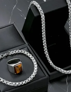Men Hip Hop Jewelry Set Iced Out Box Chain Necklace Tiger Eye Square Ring Silver Color Male Party Statement Accessories - Aliexpress - FashionsVida