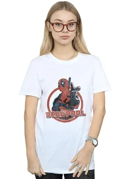Women's Deadpool Gun Finger Cotton Boyfriend T-Shirt in White Size: XL - White - Size: XL - Marvel - FashionsVida