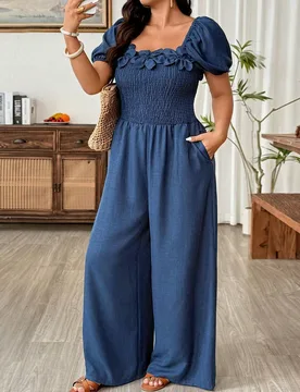 Mono casual de vacaciones para mujer talla grande, cuello cuadrado, decoración floral 3D, manga corta, cinturón en la cintura, bolsillos, azul, para - Shein - FashionsVida