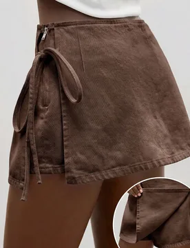 Falda pantalón de mezclilla casual y versátil con nudo lateral en la cintura para mujer, atuendo de vacaciones 29 - Shein - FashionsVida